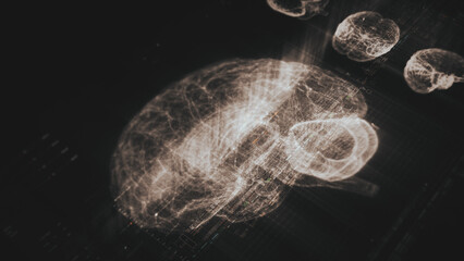 Futuristic biomedical concept featuring advanced holographic scanning technology performing detailed brain neuron pathology and diagnostic analysis. High-tech medical visualizing neural network