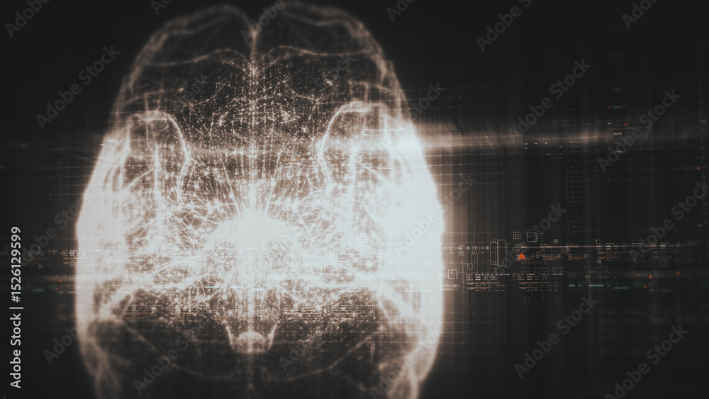 Poster Futuristic biomedical concept featuring advanced holographic scanning technology performing detailed brain neuron pathology and diagnostic analysis. High-tech medical visualizing neural network