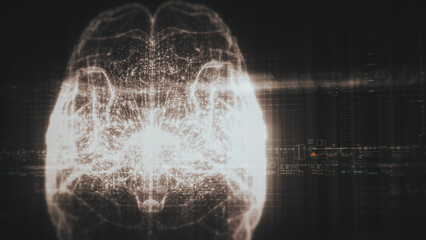 Futuristic biomedical concept featuring advanced holographic scanning technology performing detailed brain neuron pathology and diagnostic analysis. High-tech medical visualizing neural network