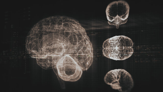 Futuristic biomedical concept featuring advanced holographic scanning technology performing detailed brain neuron pathology and diagnostic analysis. High-tech medical visualizing neural network - Powered by Adobe
