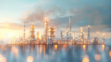 Fototapeta premium Industrial cityscape at dusk oil refinery digital art urban environment aerial view energy and progress