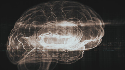 Futuristic biomedical concept featuring advanced holographic scanning technology performing detailed brain neuron pathology and diagnostic analysis. High-tech medical visualizing neural network