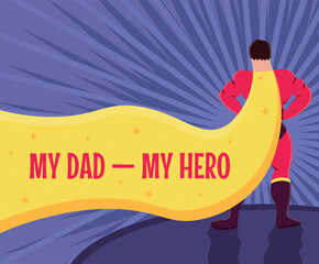 Happy Father's Day flat vector illustration, father wearing superhero costume Father's Day illustration