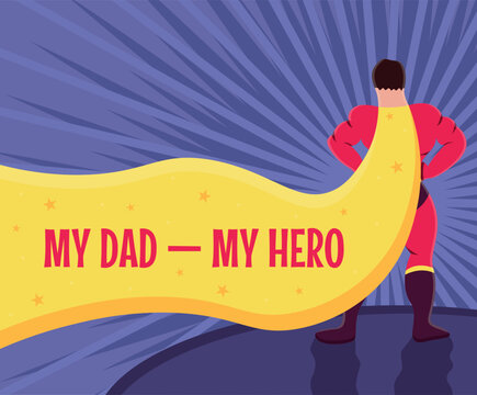 Happy Father's Day flat vector illustration, father wearing superhero costume Father's Day illustration
