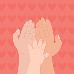 Character flat drawing father giving hand to his child. Adorable babies hands holding young mom finger. Parenting mother care with love. Parental concept. Happy dad. Cartoon design vector illustration