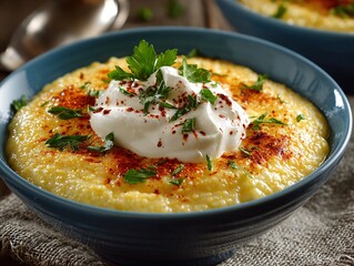 Creamy cornmeal porridge garnished with herbs and sour cream on a rustic wooden table
