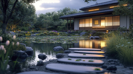 Fototapeta premium serene traditional Japanese house overlooking tranquil lily pond, surrounded by lush greenery