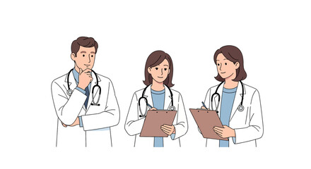 Set of flat vector illustration of a diverse medical team: a male doctor writing on a clipboard, and two female doctors. Represents healthcare professionals in consultation