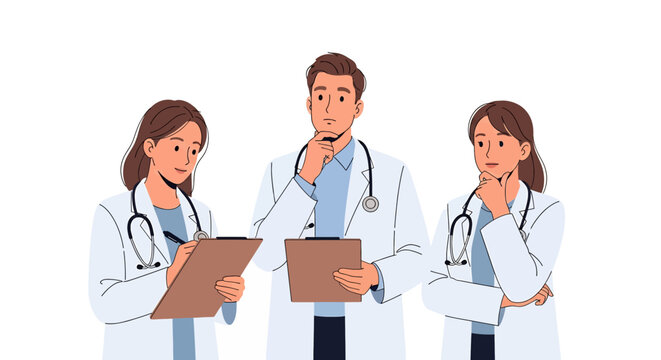 Set of flat vector illustration of a diverse medical team: a male doctor writing on a clipboard, and two female doctors. Represents healthcare professionals in consultation