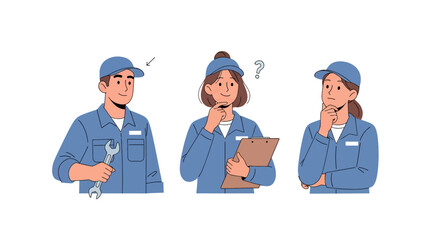 Set of Flat vector illustration of skilled mechanics: a man  and two women in work uniforms thoughtfully analyzing. Perfect for representing maintenance and problem-solving