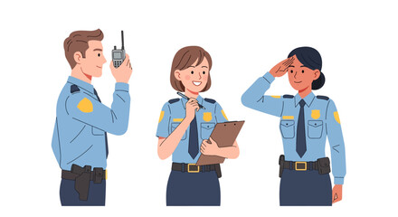 Flat vector illustration of a diverse police officer team with various pose and gesture. Represents law enforcement professionals