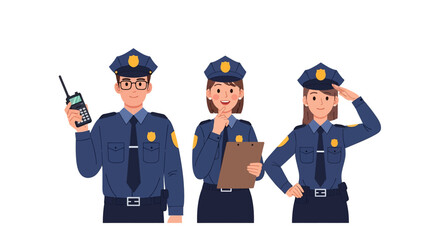 Flat vector illustration of a diverse police officer team with various pose and gesture. Represents law enforcement professionals