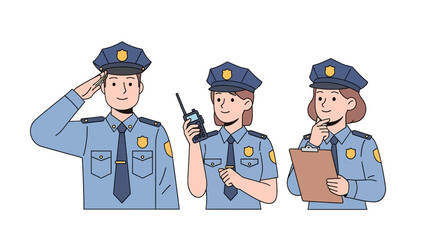Flat vector illustration of a diverse police officer team with various pose and gesture. Represents law enforcement professionals