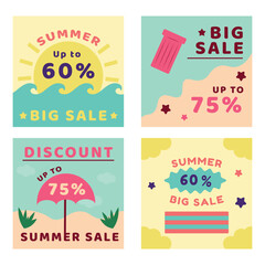 Set of summer sale banners with Watermelon background. Vector illustration with beach, sun, umbrella and air mattress