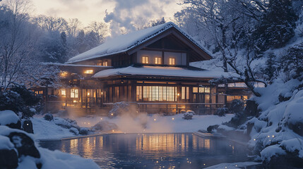 Fototapeta premium serene winter evening traditional Japanese house surrounded by snow, creating peaceful