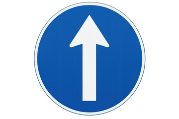 Mandatory direction traffic sign indicating straight ahead direction, isolated on transparent background