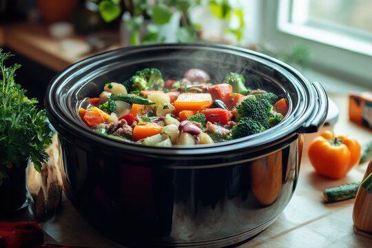 Steaming vegetable stew simmers in a black crockpot filled with fresh broccoli, carrots, potatoes, and herbs on a countertop near a window in Kitchen