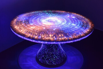 Fiber optic table glowing with purple and orange light in dark interior
