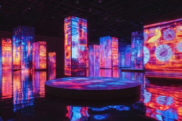 Large led screens create an immersive environment, illuminating a dark room with vibrant colors and dynamic visuals
