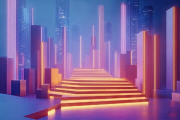 Orange glowing staircase leading to a futuristic cityscape with neon lights and skyscrapers at night
