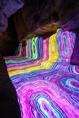 Luminous projection mapping casting dynamic, vivid colors across raw stone cave surfaces
