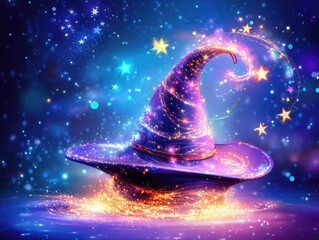 Luminous wizard hat levitating against starry sky, emitting mystical glow amid twinkling celestial background