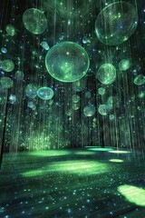 Hanging crystal spheres illuminating a green space with sparkling lights, creating an immersive and futuristic atmosphere