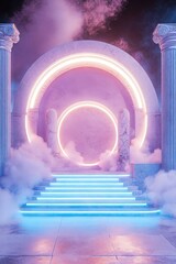 Marble staircase illuminating through neon lights, leading toward glowing pink portal, surrounded by greek columns and misty ambiance
