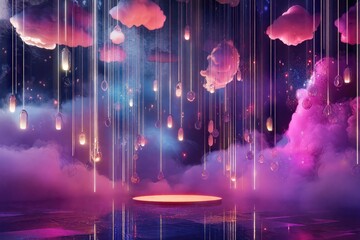 Glowing pink clouds illuminating circular stage, creating ethereal magical ambiance with suspended lighting elements