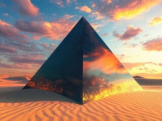 Translucent pyramid mirroring golden sunset rays across arid wilderness landscape