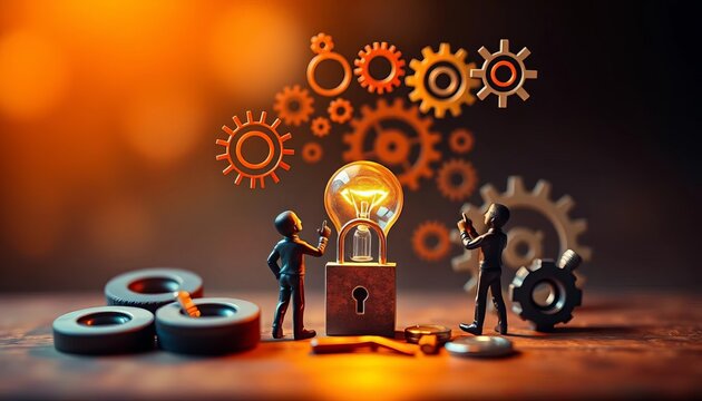 Tiny figures brainstorming business solutions, gears, lightbulb, key, lock,  vector,  key
