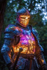 Knight wearing shining armor holding a sword in a forest setting, creating a magical and fantastical atmosphere