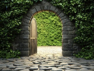 Open wooden door leads to lush garden beyond stone arch