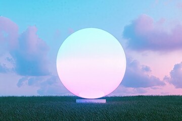 Luminous spherical object sitting atop pedestal amid verdant grassland, bathed in soft pastel light