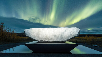 Glowing sculpture set against vibrant aurora borealis in a serene landscape