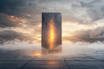 Glowing monolith stands amidst fog under dramatic skies