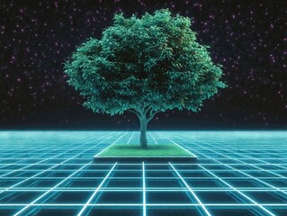 Vibrant tree stands on a glowing digital grid under a starry sky