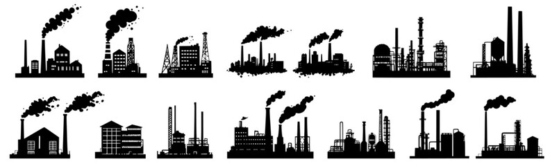 Collection of black silhouettes industrial factories