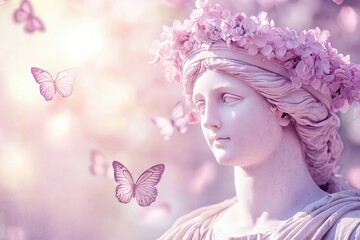 Elegant statue adorned with flowers surrounded by fluttering butterflies