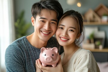 Happy Asian family, young couple holding piggy bank and model house, symbolizing financial planning for purchasing new home and building wealth., Generative AI