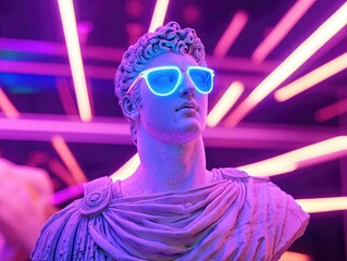 Ancient bust styled with bright modern neon lights