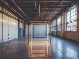 Glowing cube stands in a spacious, industrial style warehouse interior