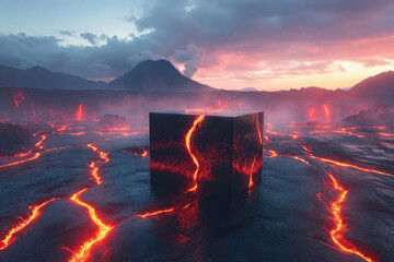Glowing cube stands surrounded by molten lava and mountains