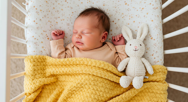 Adorable newborn baby peacefully sleeping under a soft yellow blanket, cuddled up with a plush bunny toy.