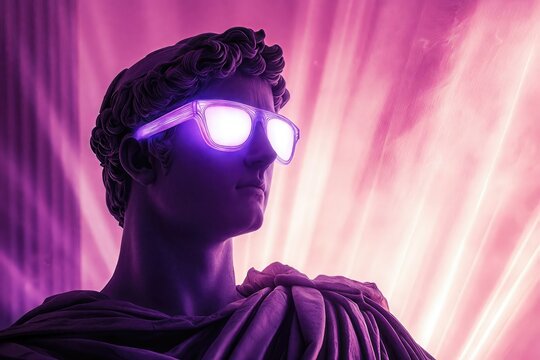 Antique statue wearing contemporary glowing sunglasses