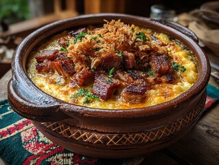 Traditional hutsul banosh in clay pot with upscayl ultramix topping served in a rustic setting