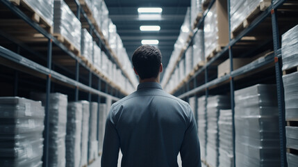 A worker in a modern warehouse aisle, focused and efficient in a dynamic logistics environment