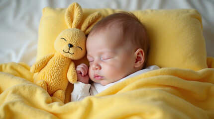Adorable newborn baby peacefully sleeping under a soft yellow blanket, cuddled up with a plush bunny toy.