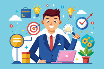 A flat vector illustration of five business people holding large golden stars, symbolizing teamwork, customer satisfaction, five-star ratings, and positive reviews. 