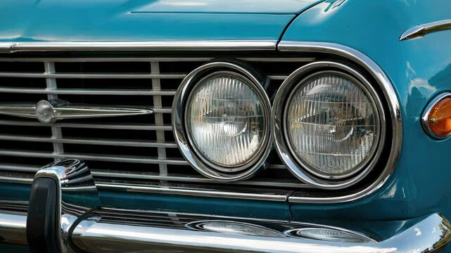 Close up view of the gleaming chrome headlights and grill of a vintage turquoise car, on sunlight.